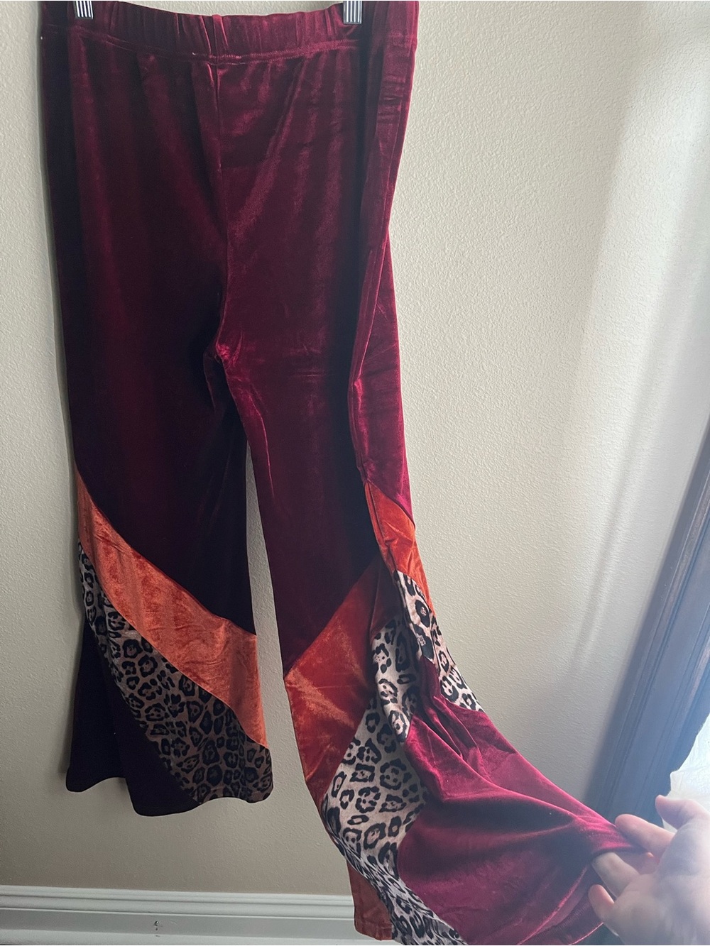 Umgee Burgundy Velvet Wide-Leg Pants with Rust and Leopard Insets